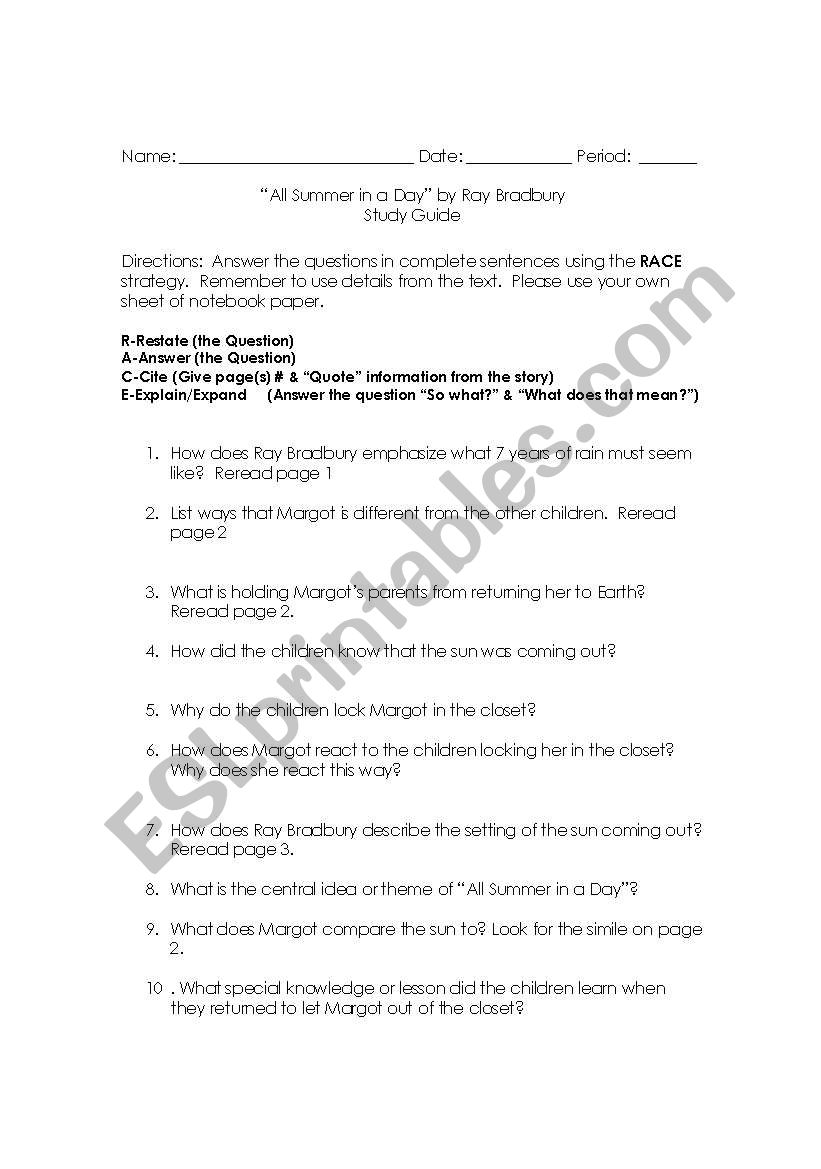 All Summer in a Day  worksheet
