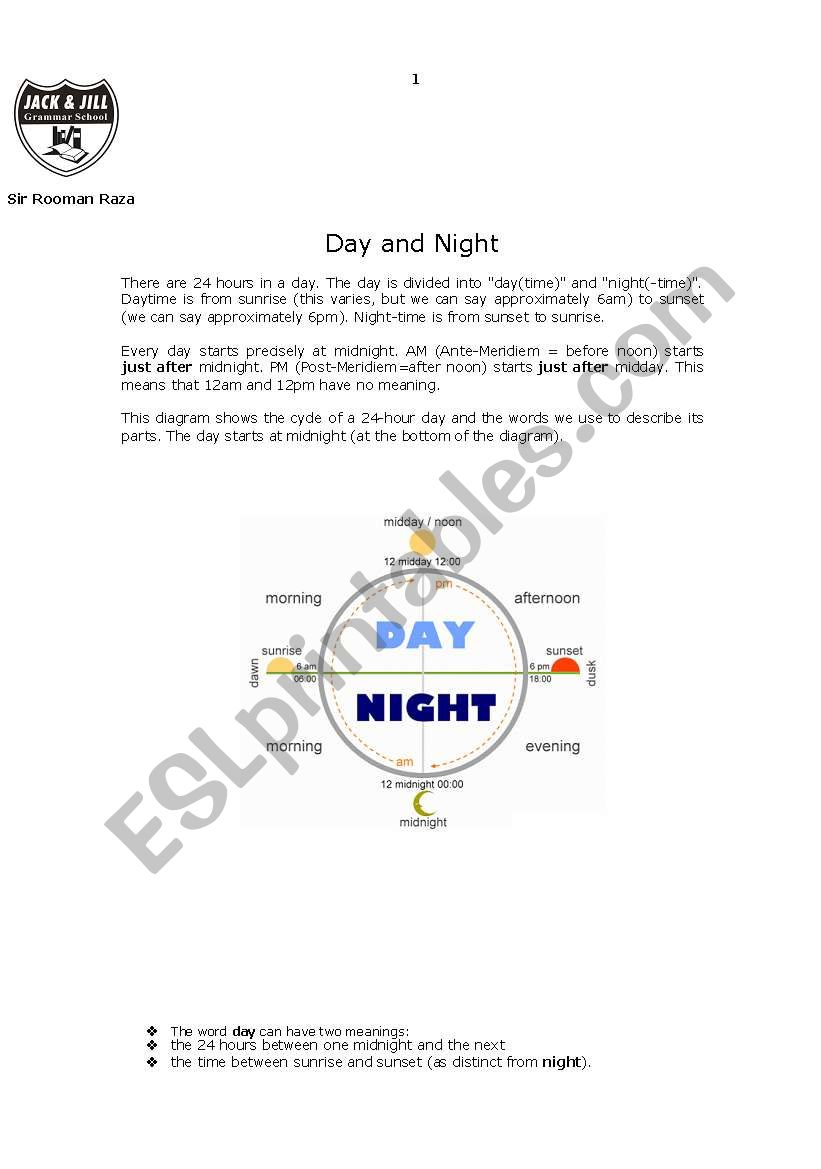 Day and NIght worksheet