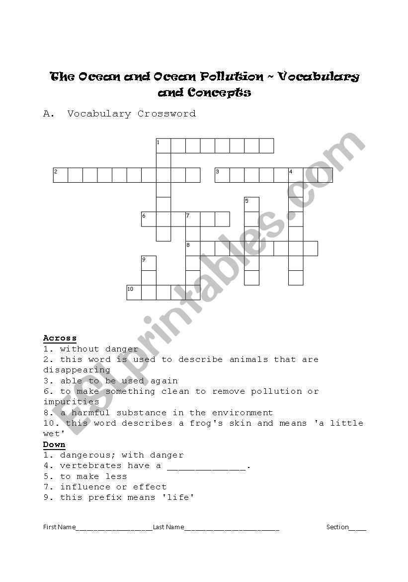 The Ocean/Sea and Ocean Pollution Vocabulary and Concepts