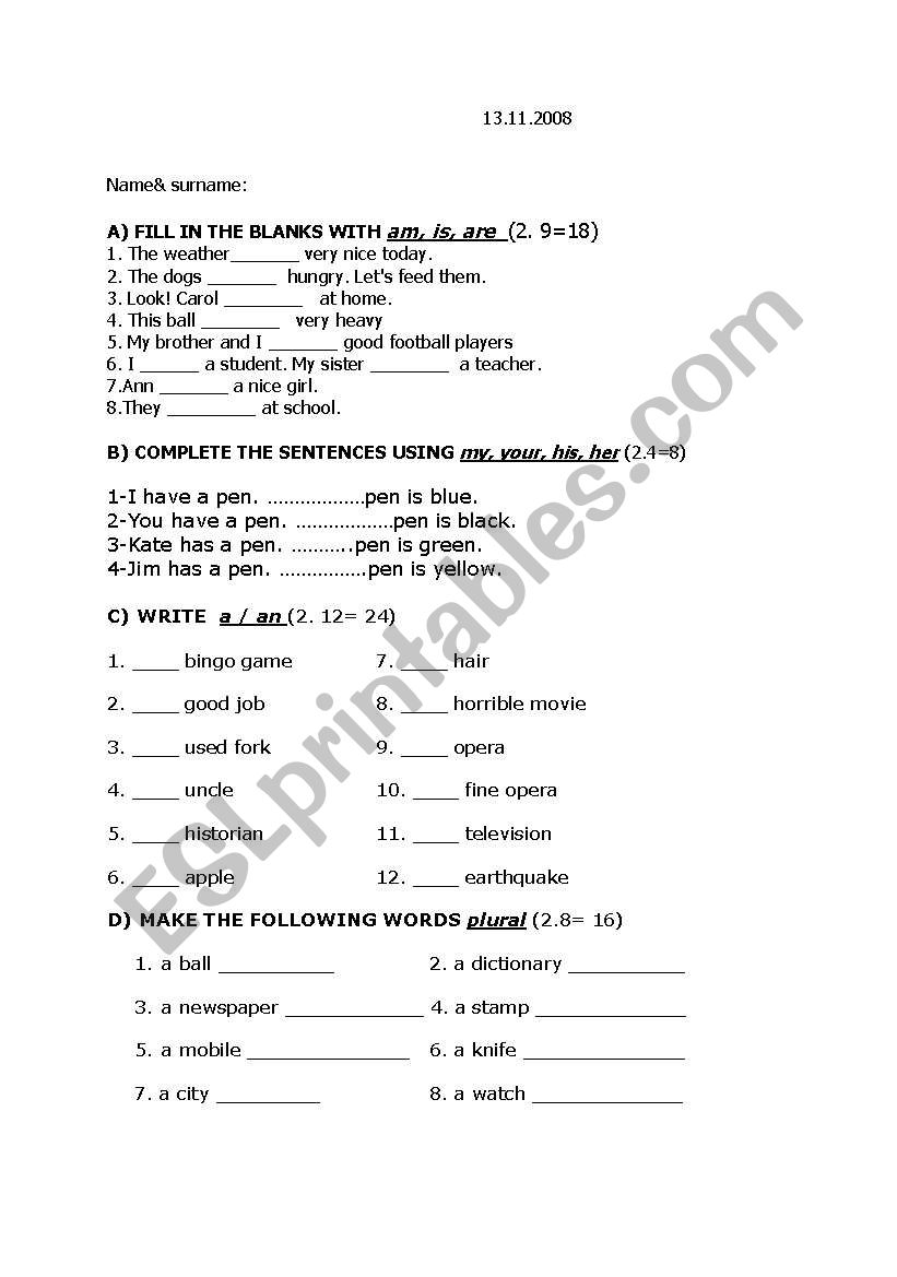 exam worksheet