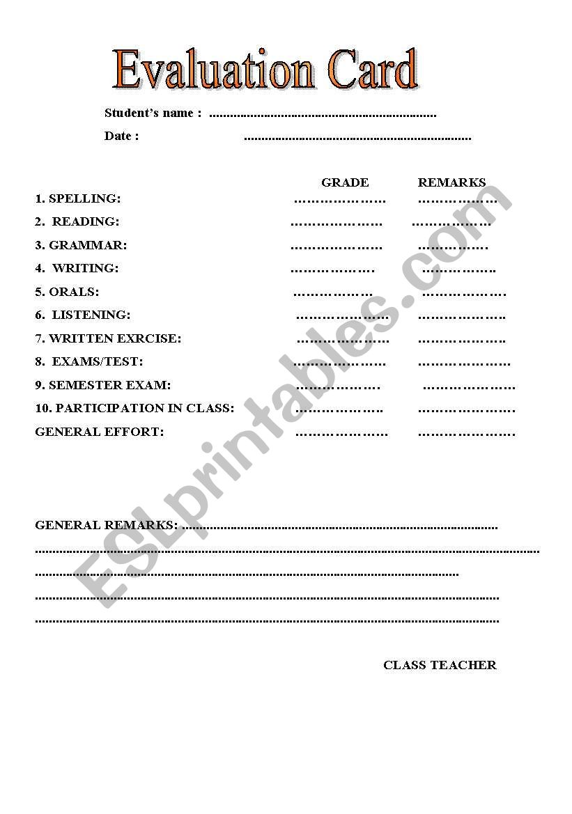 evaluation card worksheet