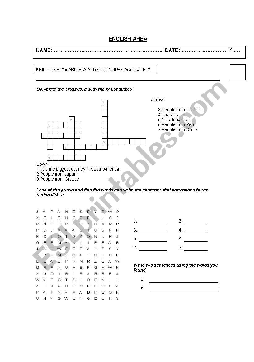 Nationalities worksheet