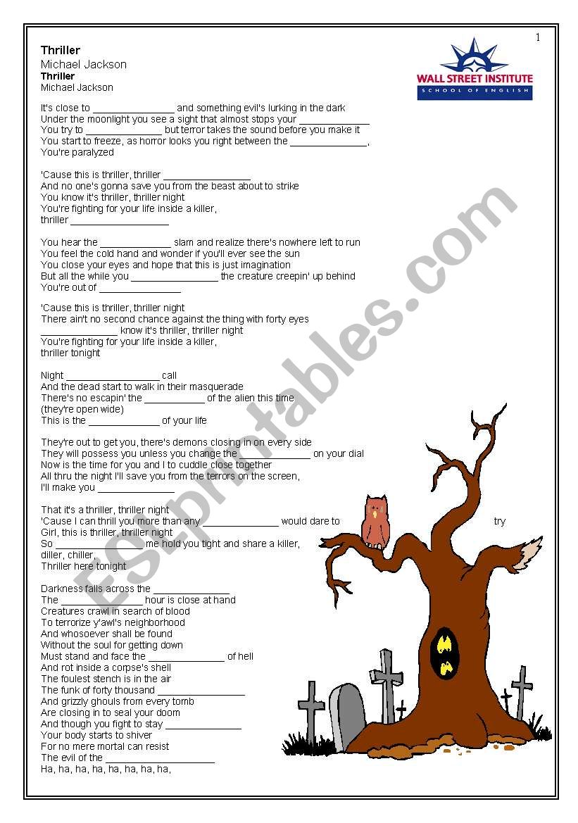 Michael jackson thriller worksheet