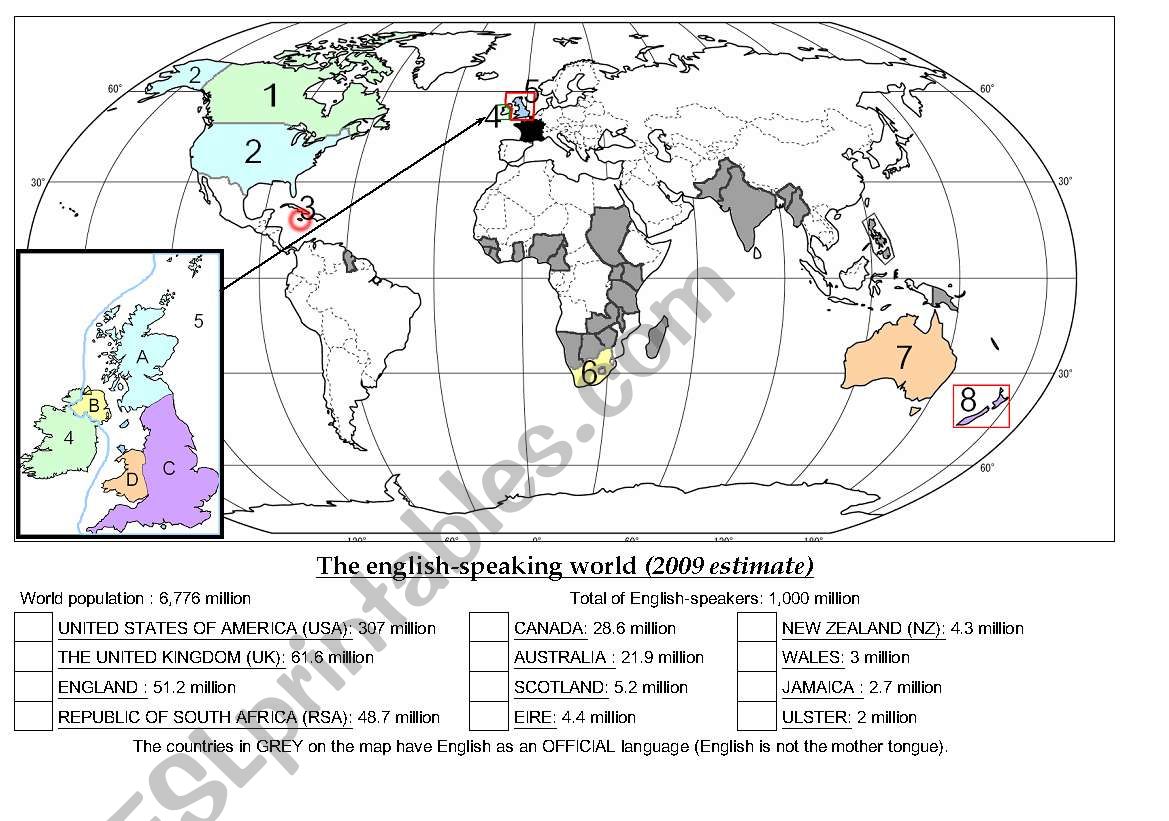 English speakers in the world (location + number)