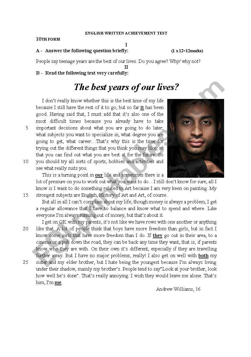 test about Teenagers worksheet