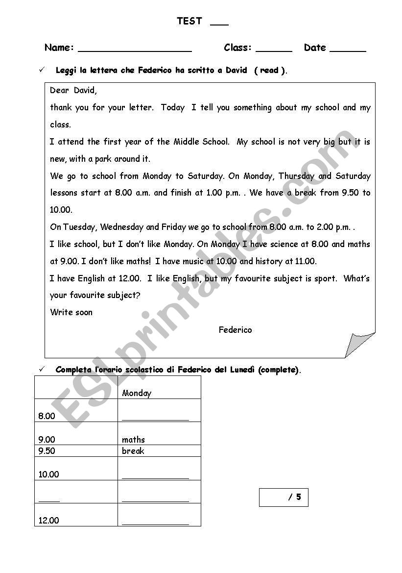 test school subjects worksheet