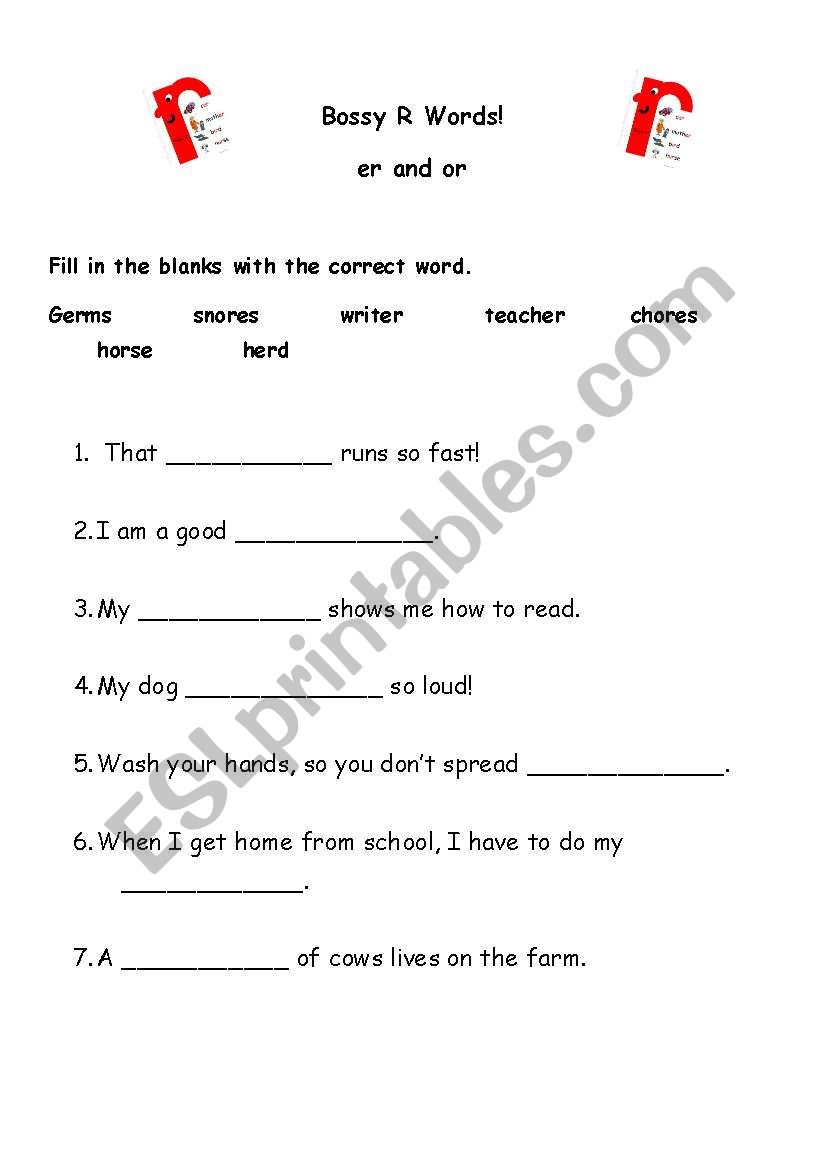 English Worksheets Bossy R Cloze Activity