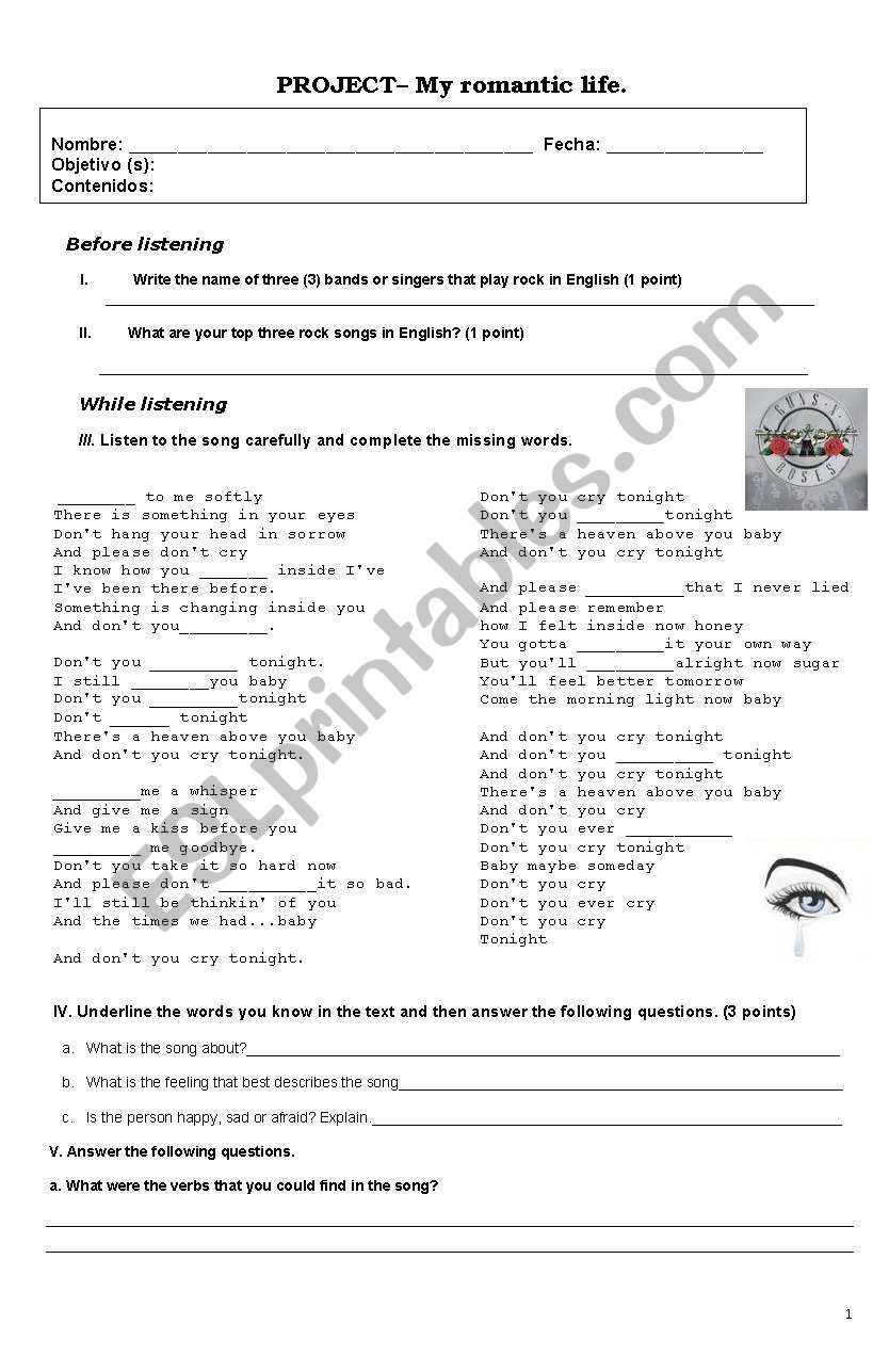 My romantic life...Dont cry worksheet