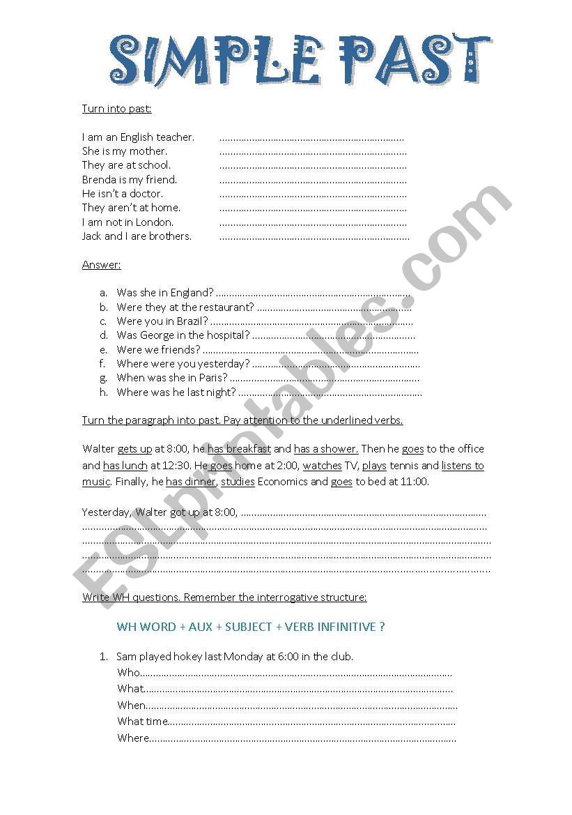 Simple past  activities worksheet