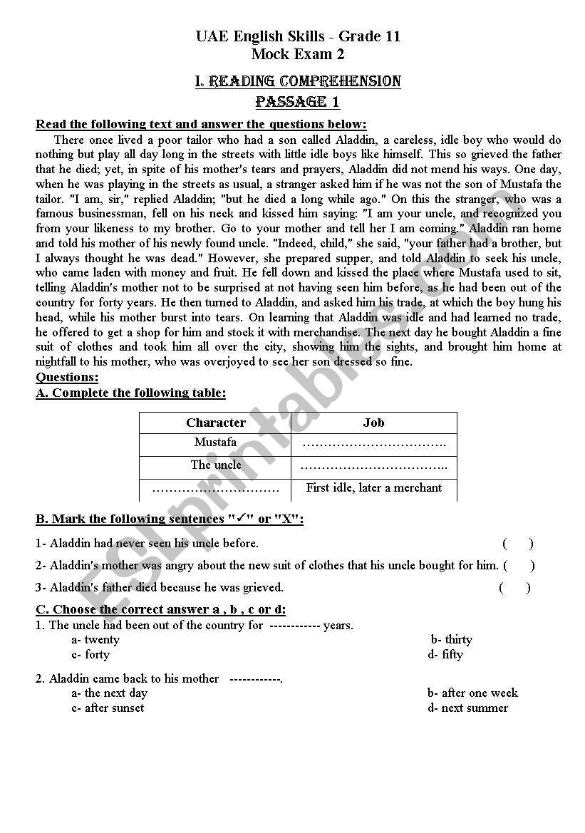 mock exame worksheet