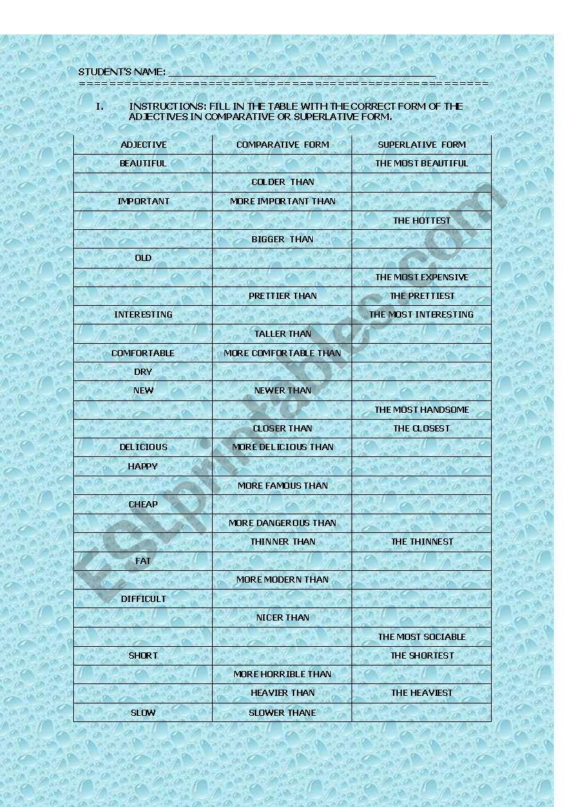 COMPARATIVES AND SUPERLATIVES worksheet