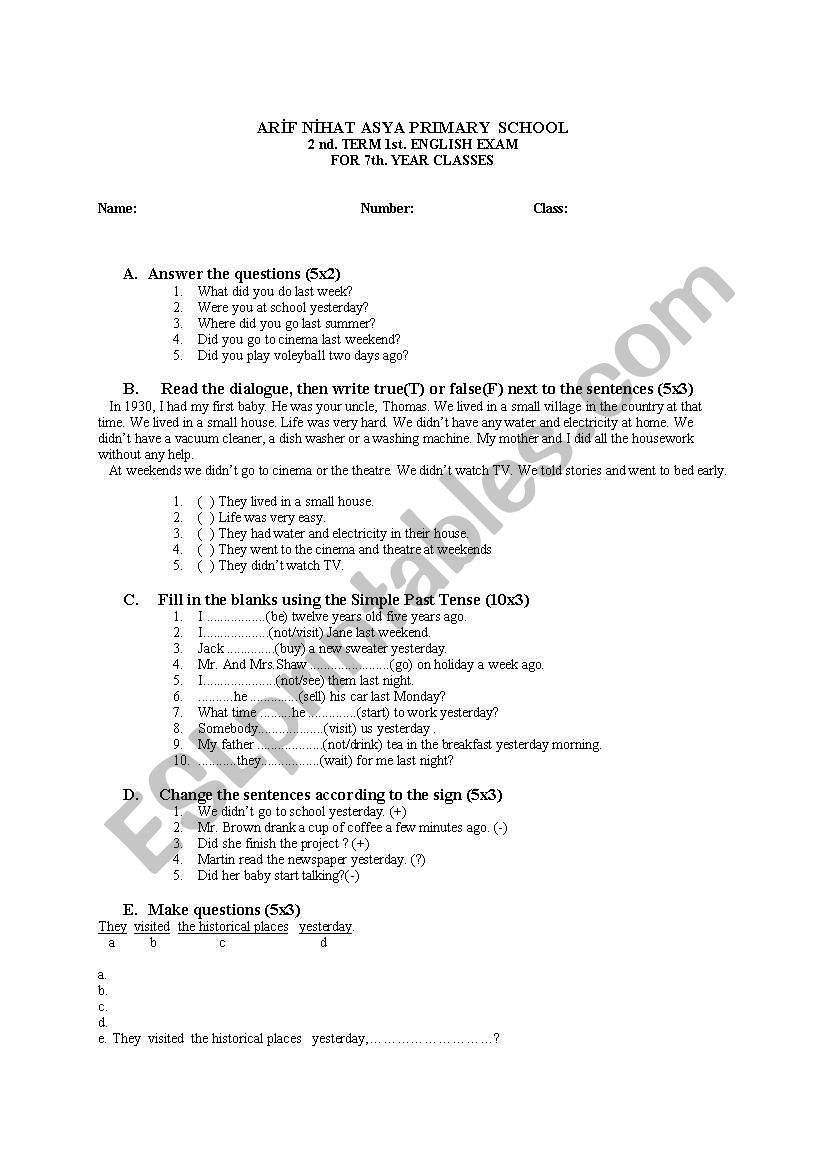 AN EXAM ON SIMPLE PAST TENSE worksheet