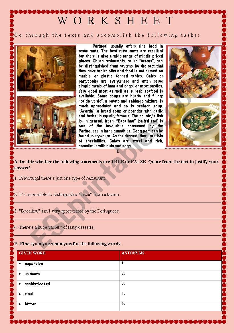 Food/Restaurants worksheet