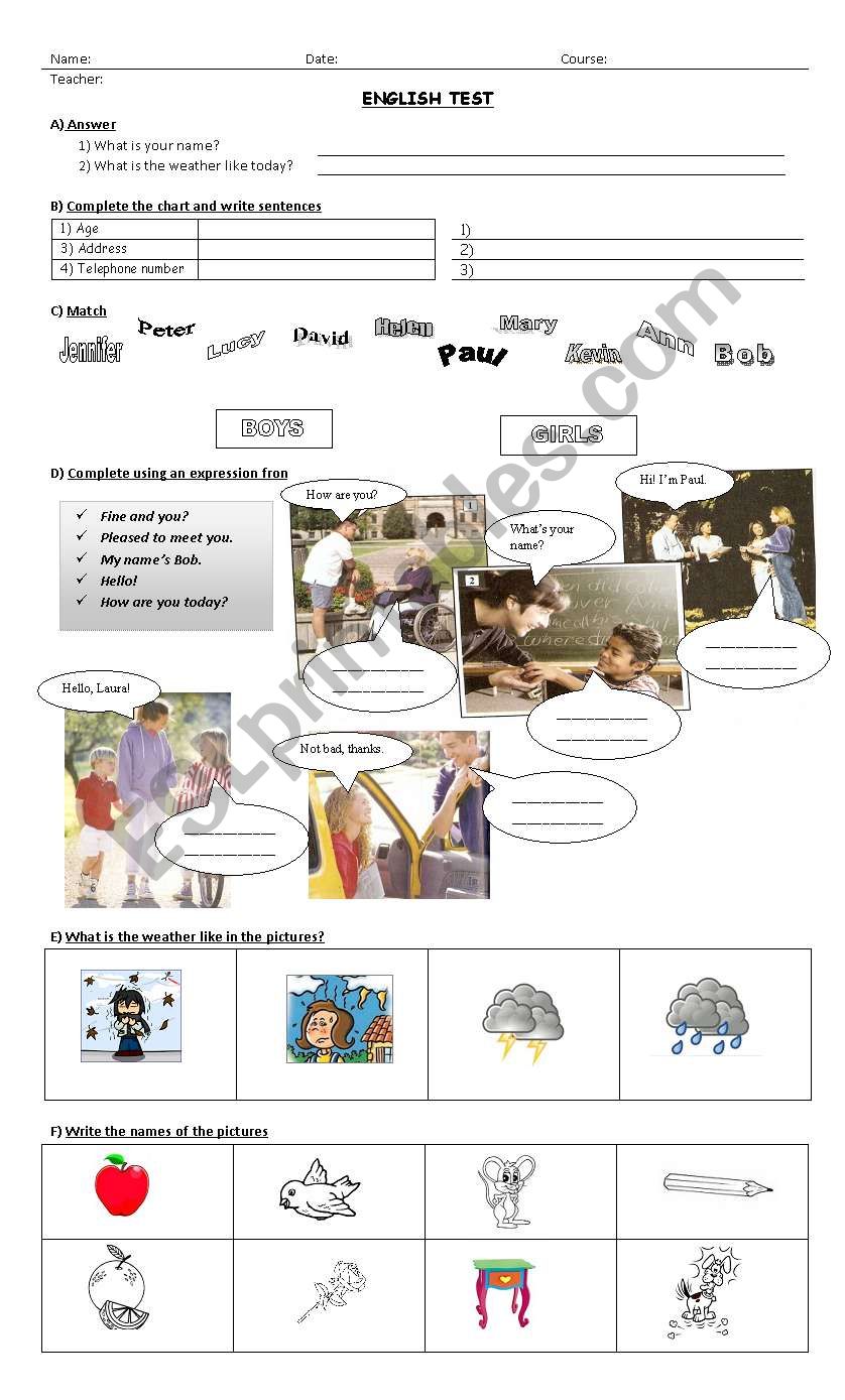 English Test for beginner students