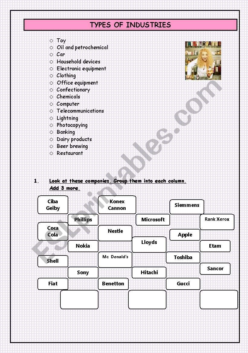 TYPES OF INDUSTRY worksheet