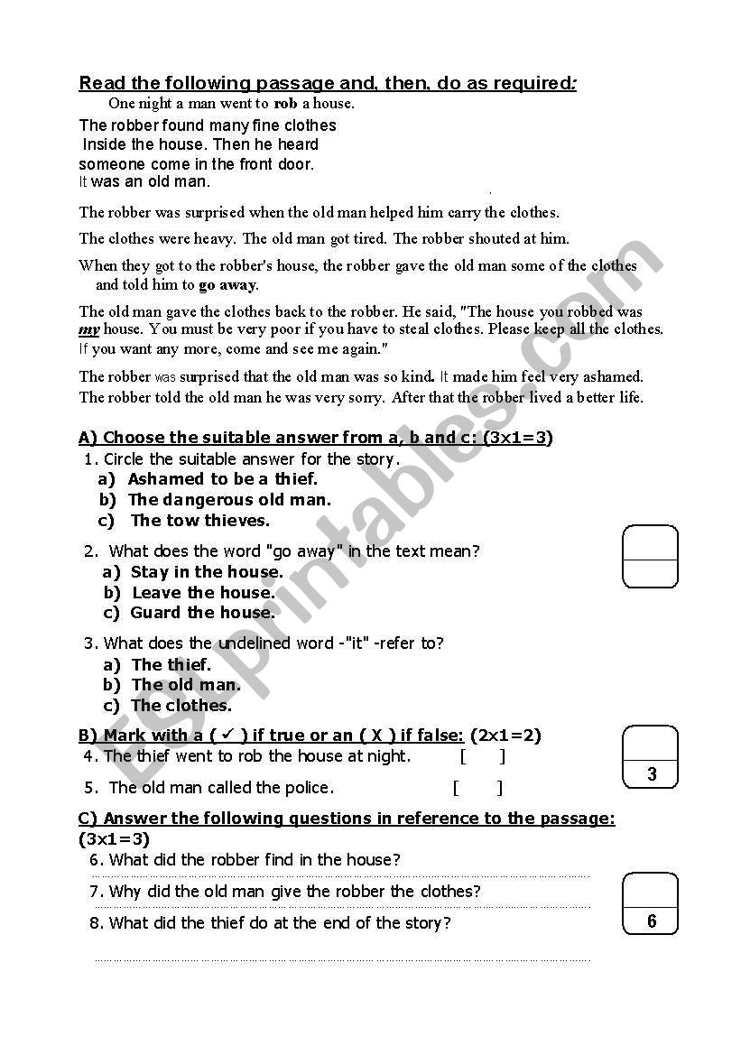 reading comprehension worksheet