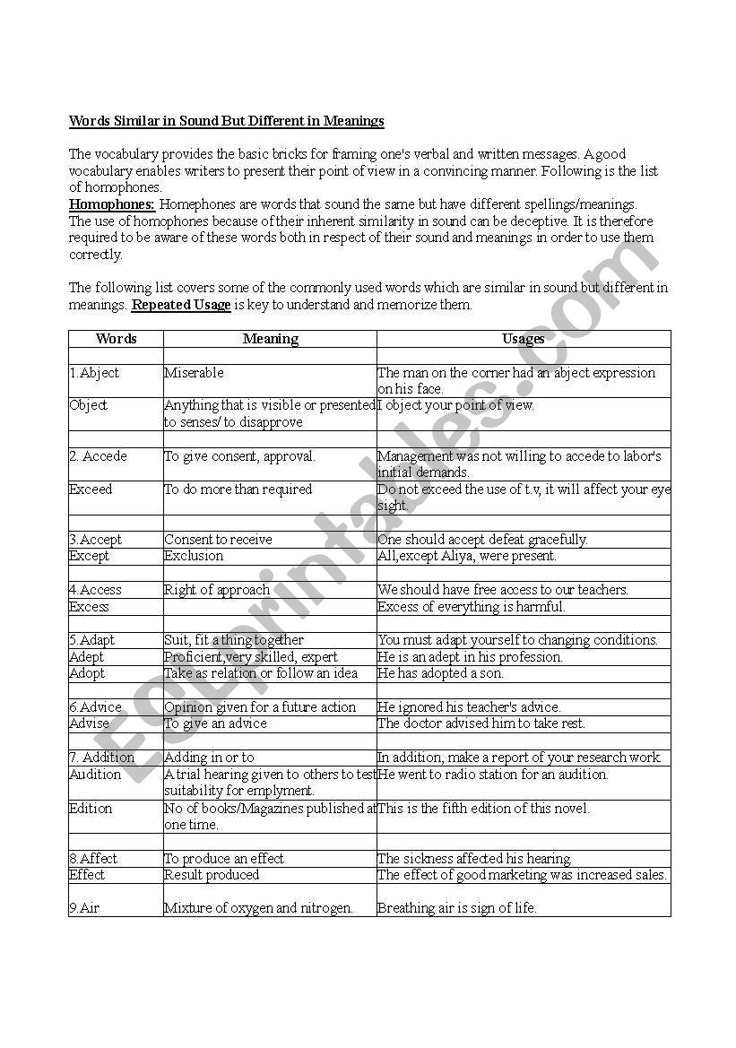 Homophones worksheet