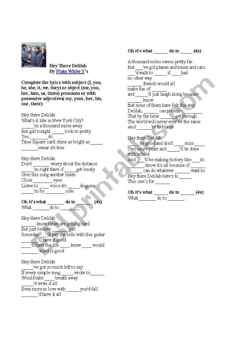 Lyrics: Hey there Delilah worksheet