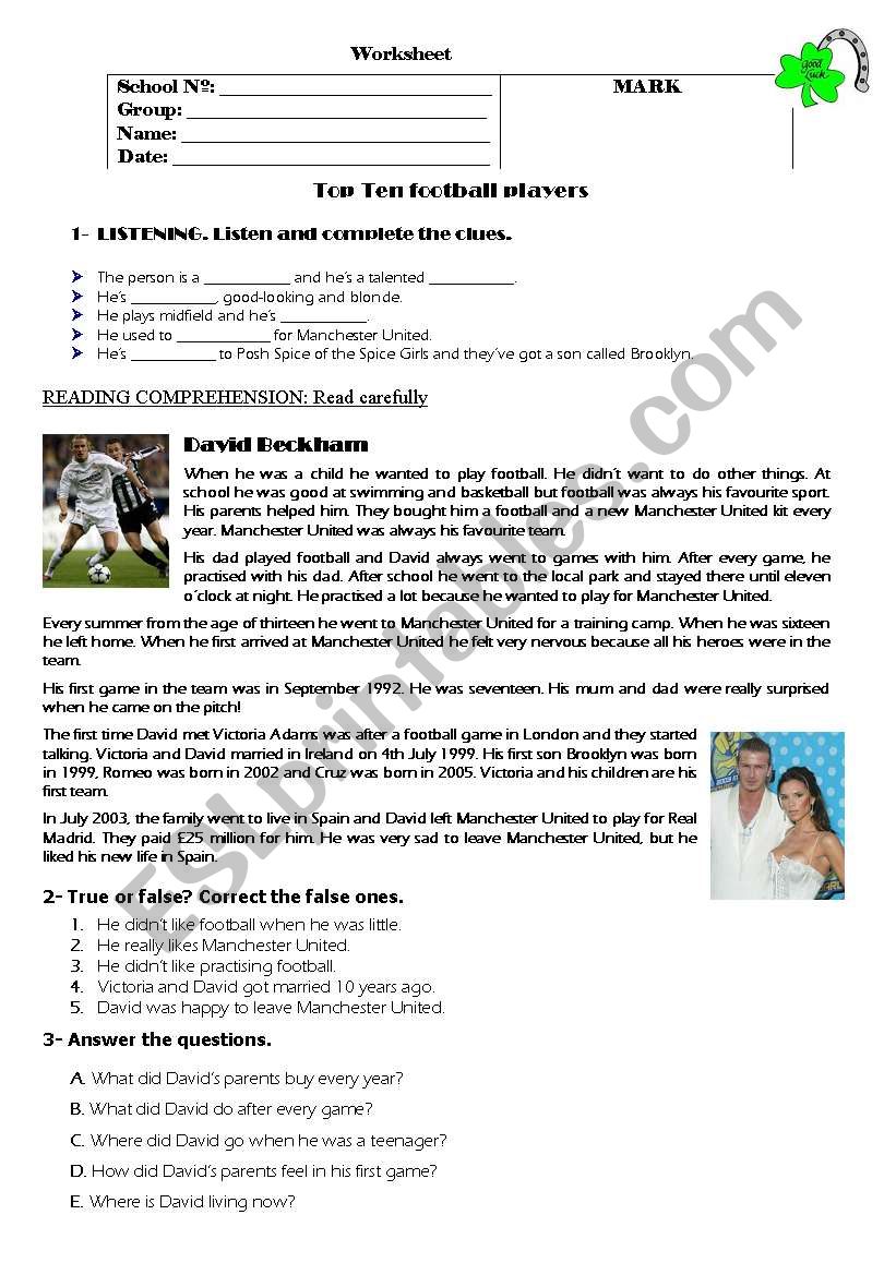 Football player worksheet