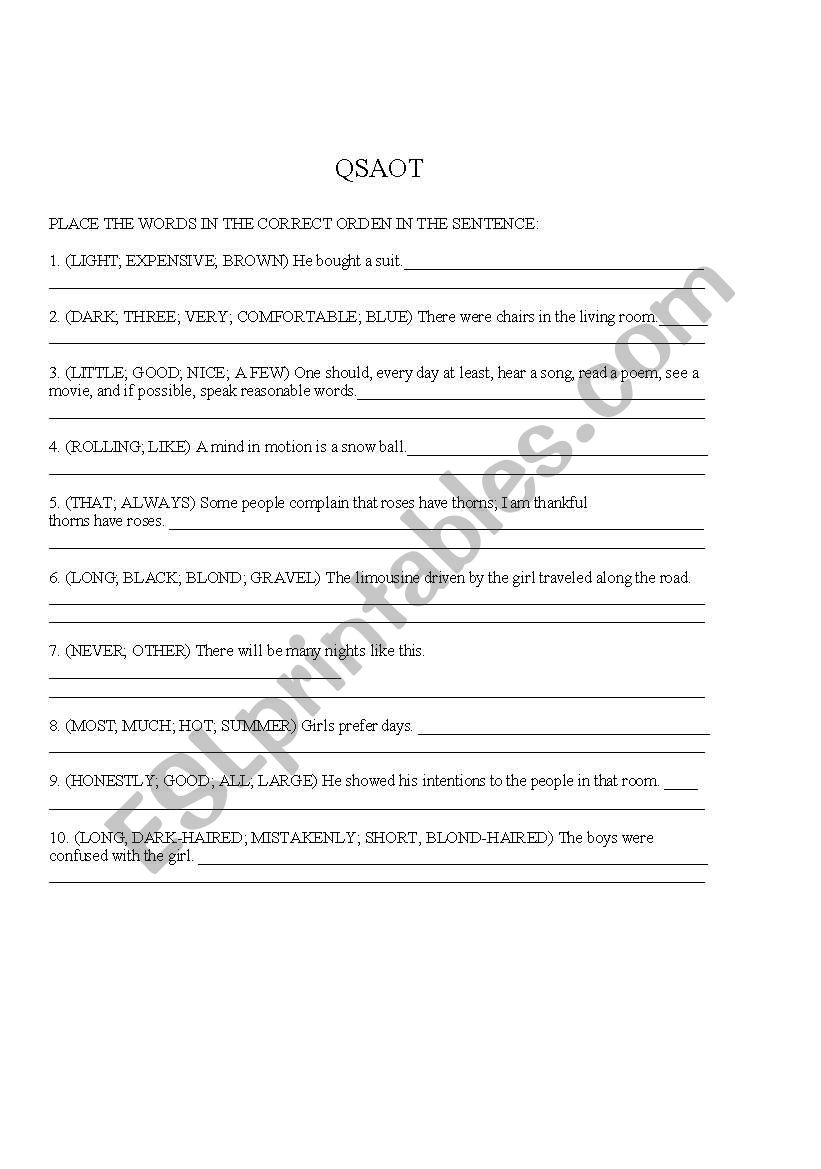 ADJECTIVE ORDER worksheet