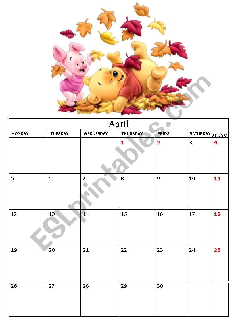 Calendar 2010 - April- worksheet