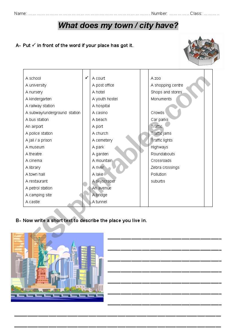 What does my town/city have? worksheet