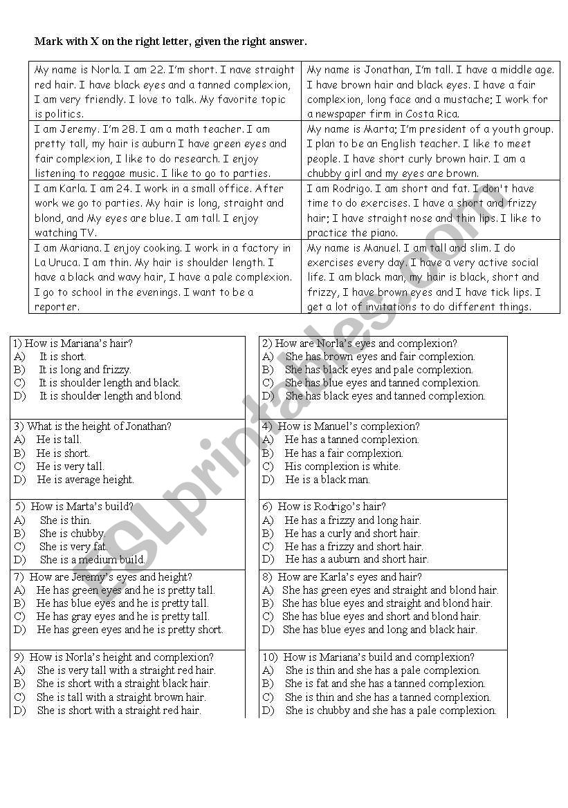 Physical Descriptions worksheet