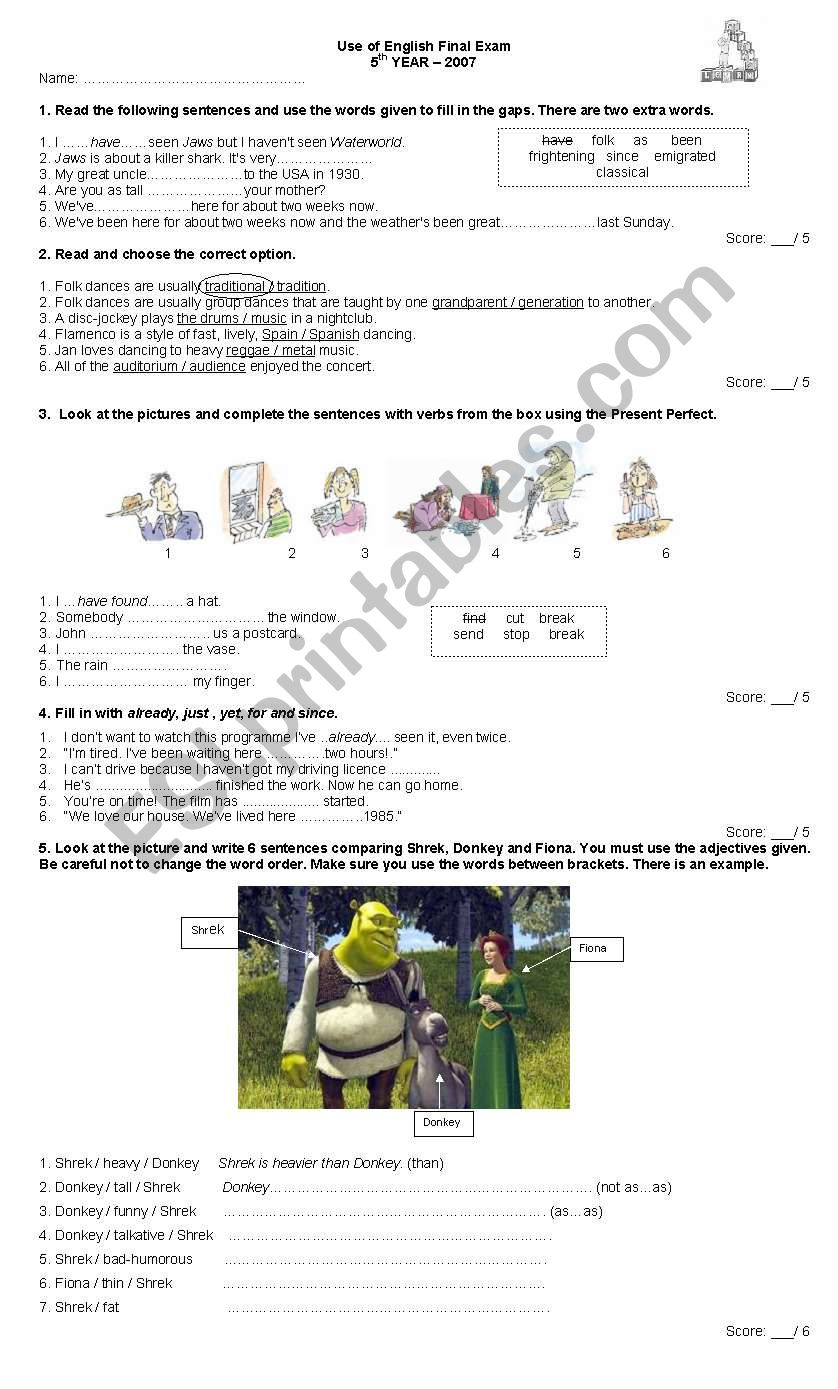 use of english test worksheet