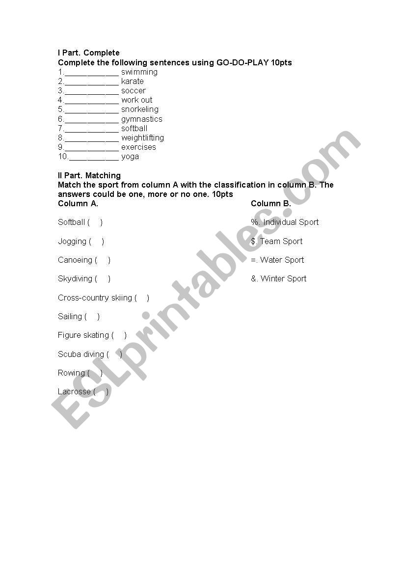 Sports worksheet