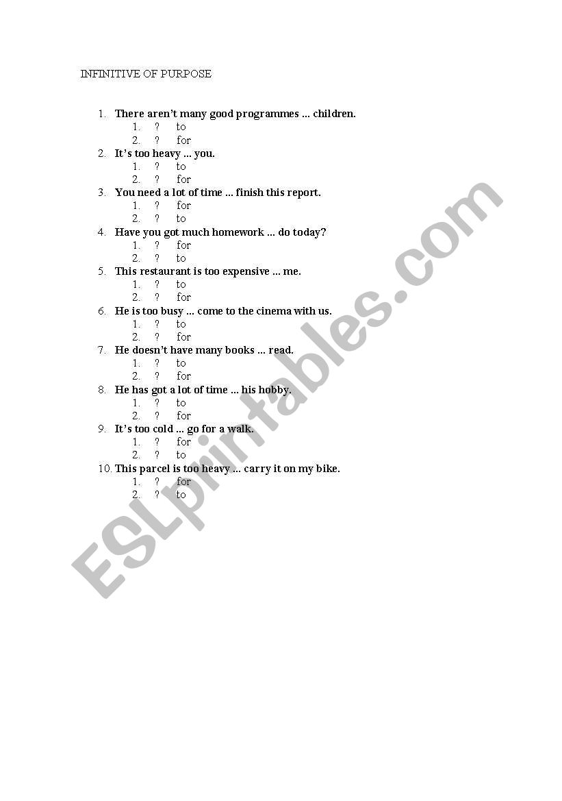 INFINITIVE OF PURPOSE worksheet