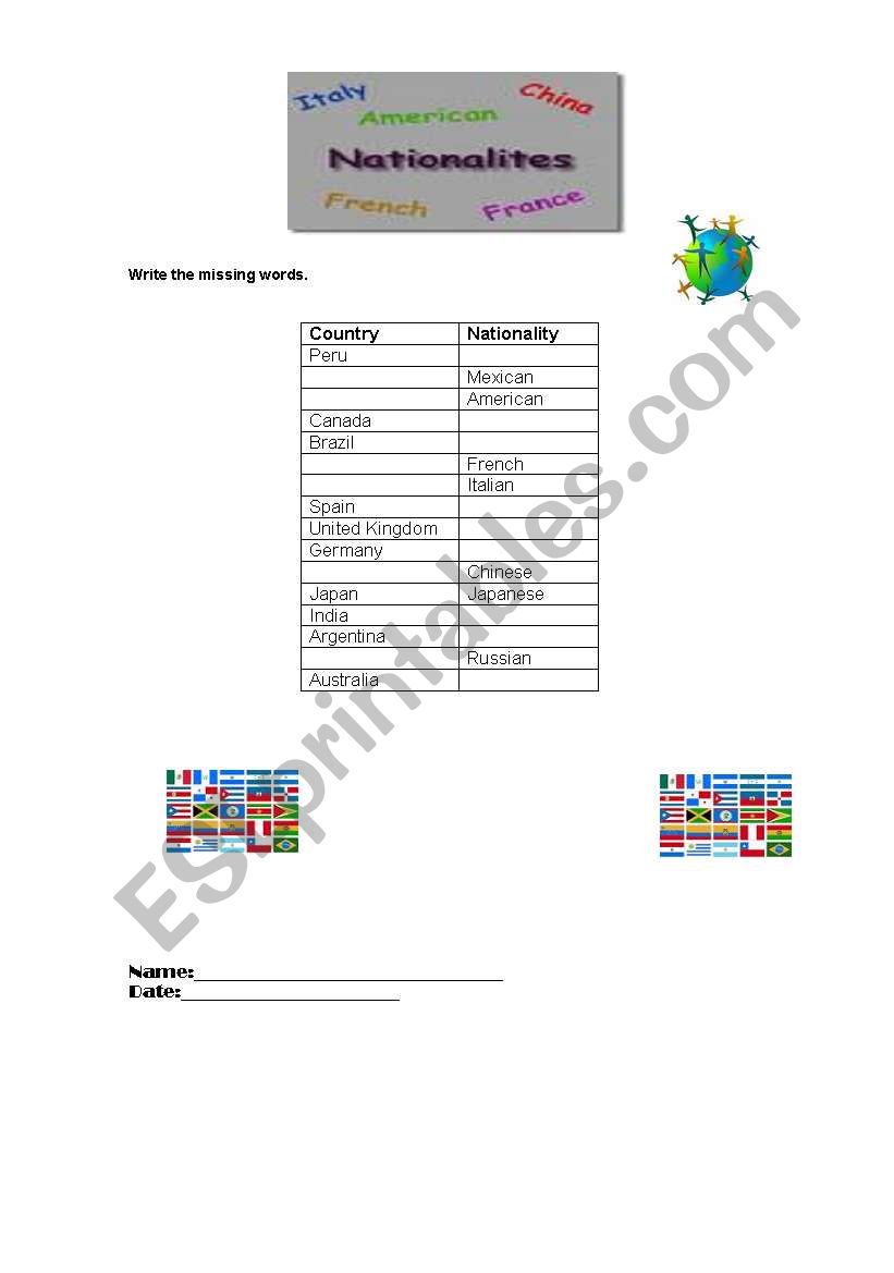 Some NAtionalities worksheet