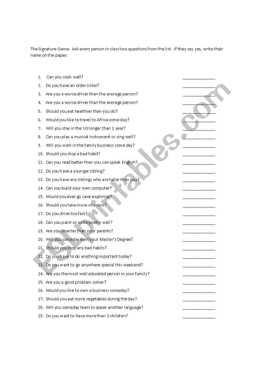 Ice Breaker Signature Game  worksheet