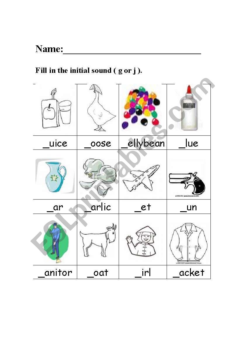 Pres-School-English Worksheet-Initial Sound. G or J