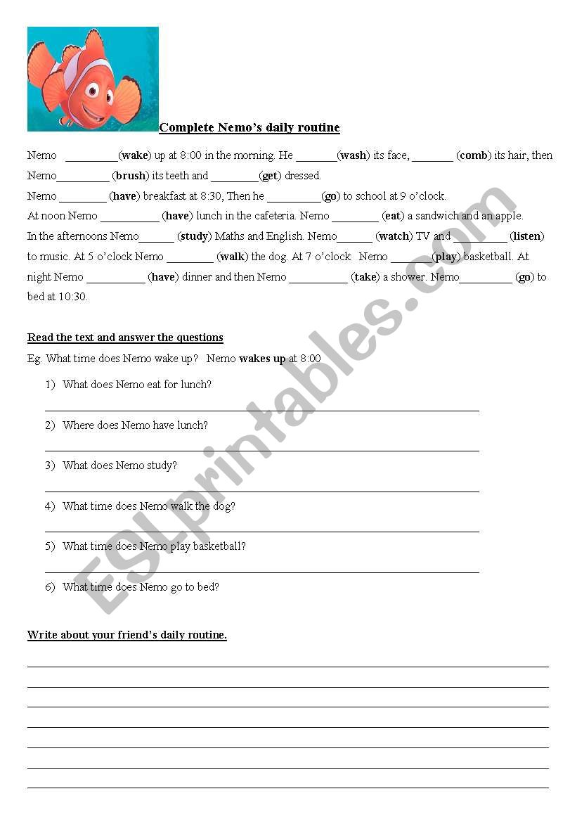 Nemos daily routine worksheet