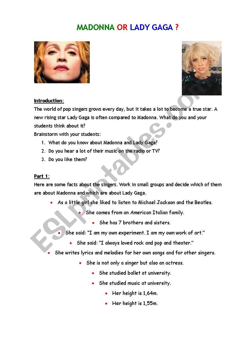 Madonna or Lady Gaga? worksheet