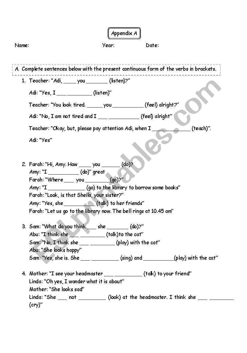 present contiuous tense worksheet