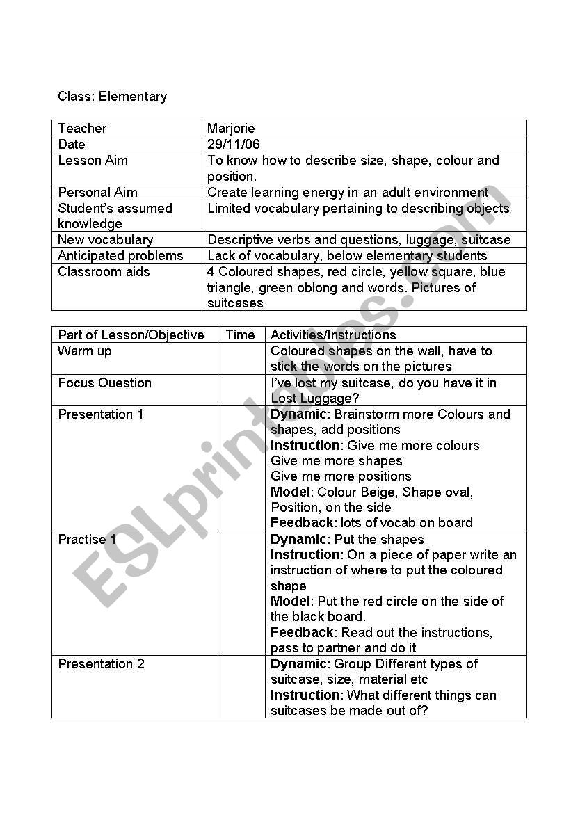 Luggage lesson worksheet