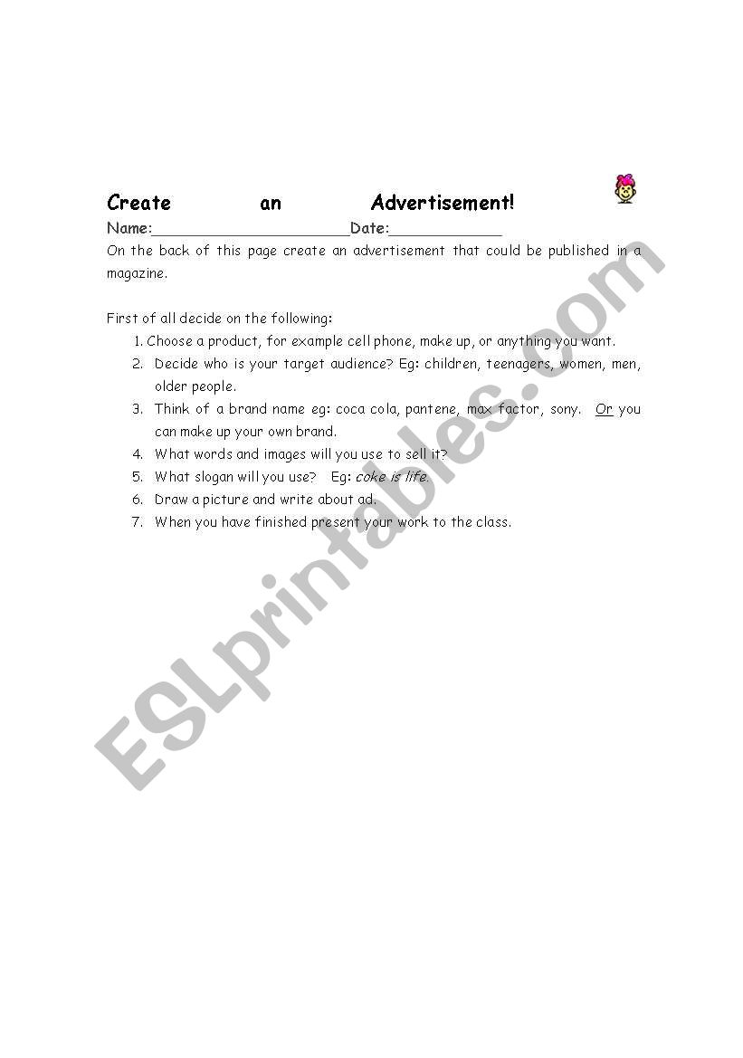 Create an Advertisement  worksheet