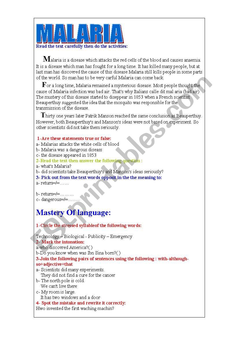 Malaria: comprehension questions