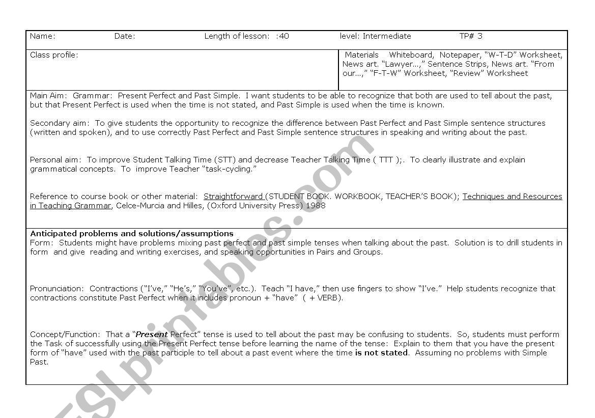 lesson plan -simple past-present perfect and past perfect