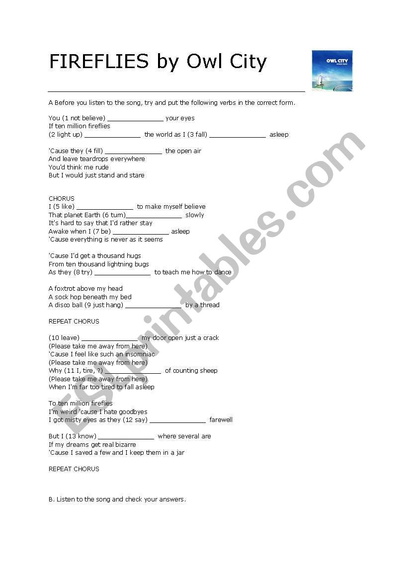 English Worksheets Fireflies By Owl City