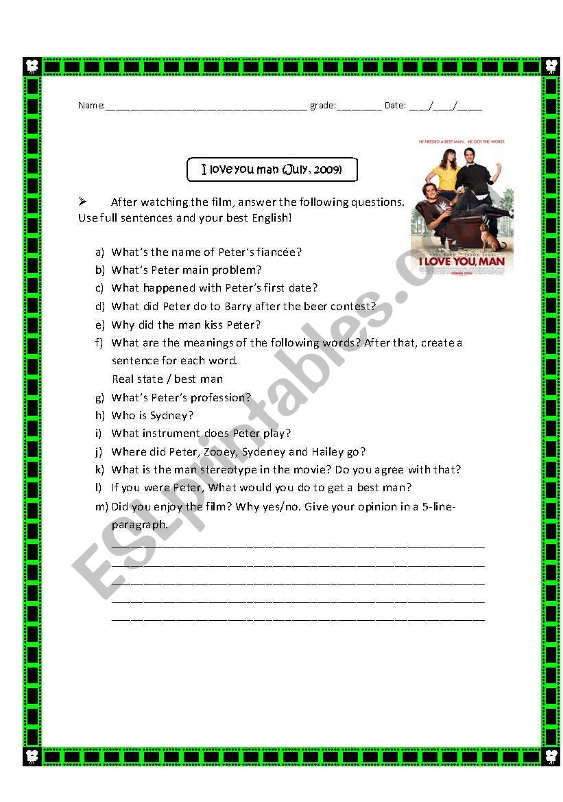 I Love you man... useful worksheet to work with teenagers and adults