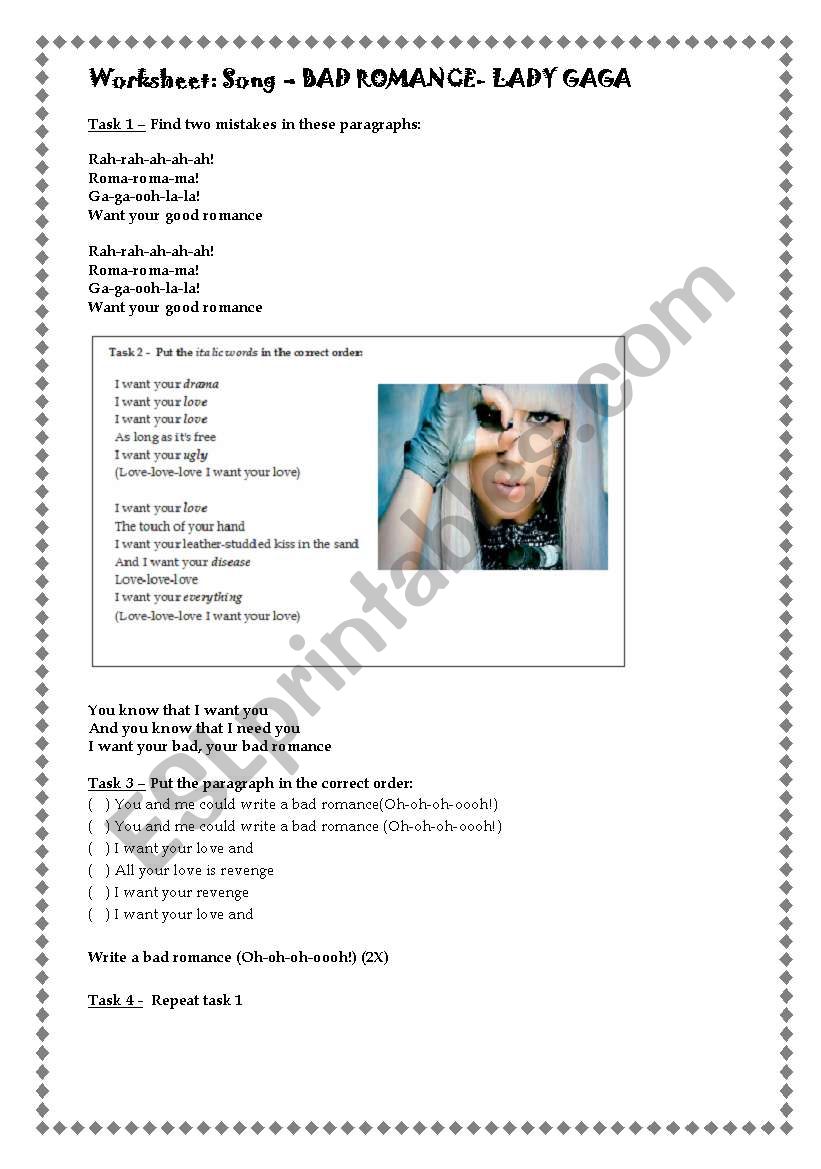 BAD ROMANCE - LADY GAGA worksheet