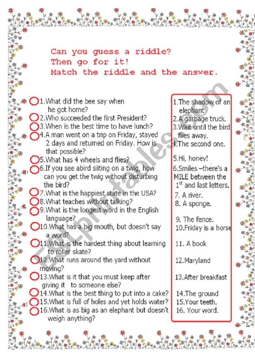 funny riddles matching task worksheet