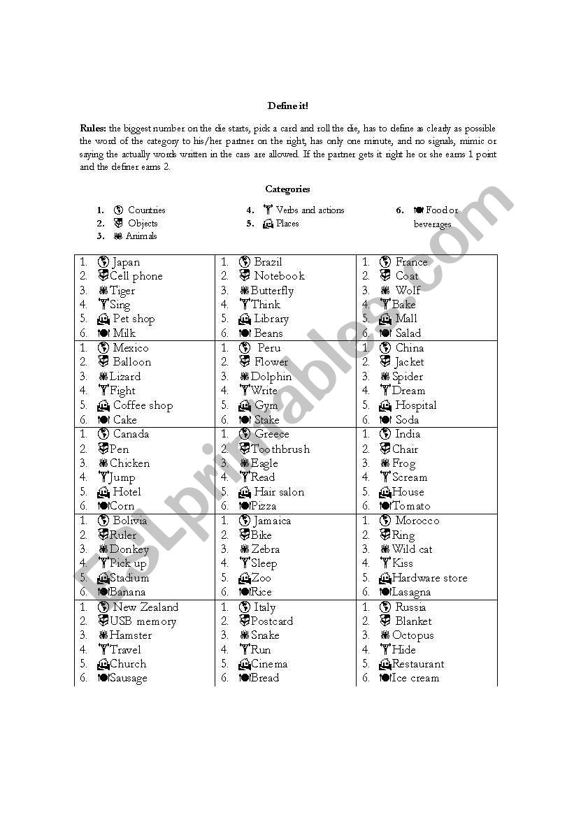 define it game worksheet