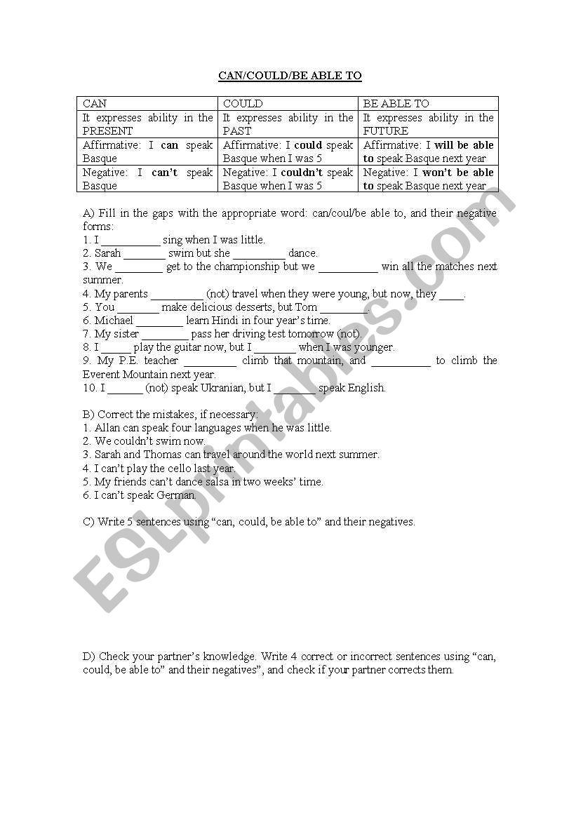 Can/could/be able to worksheet