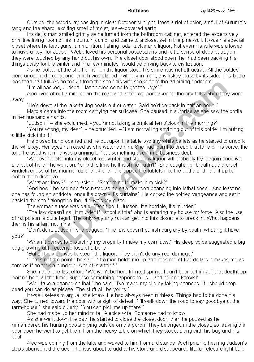 Ruthless short story worksheet