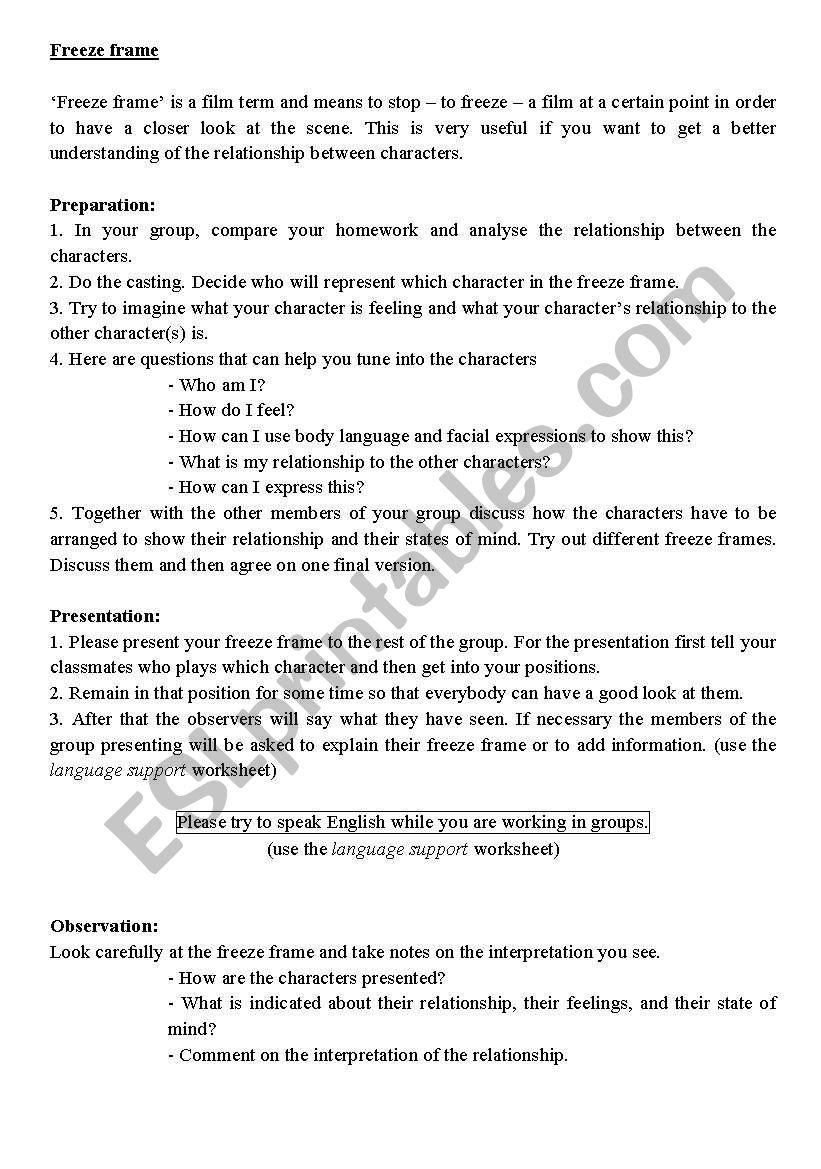 Freeze Frame worksheet