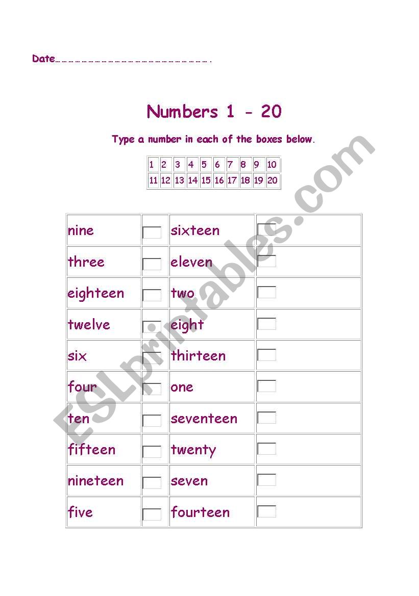 Numbers 1-20 worksheet