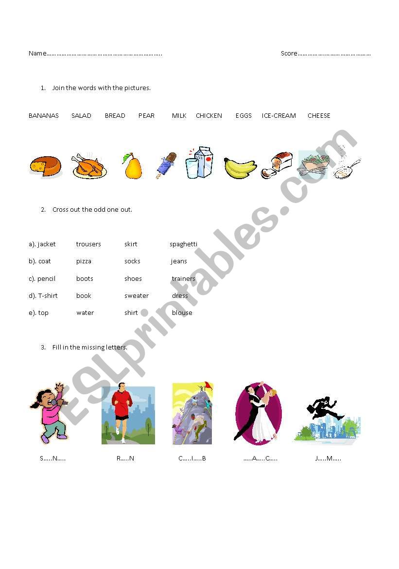 Food and actions worksheet